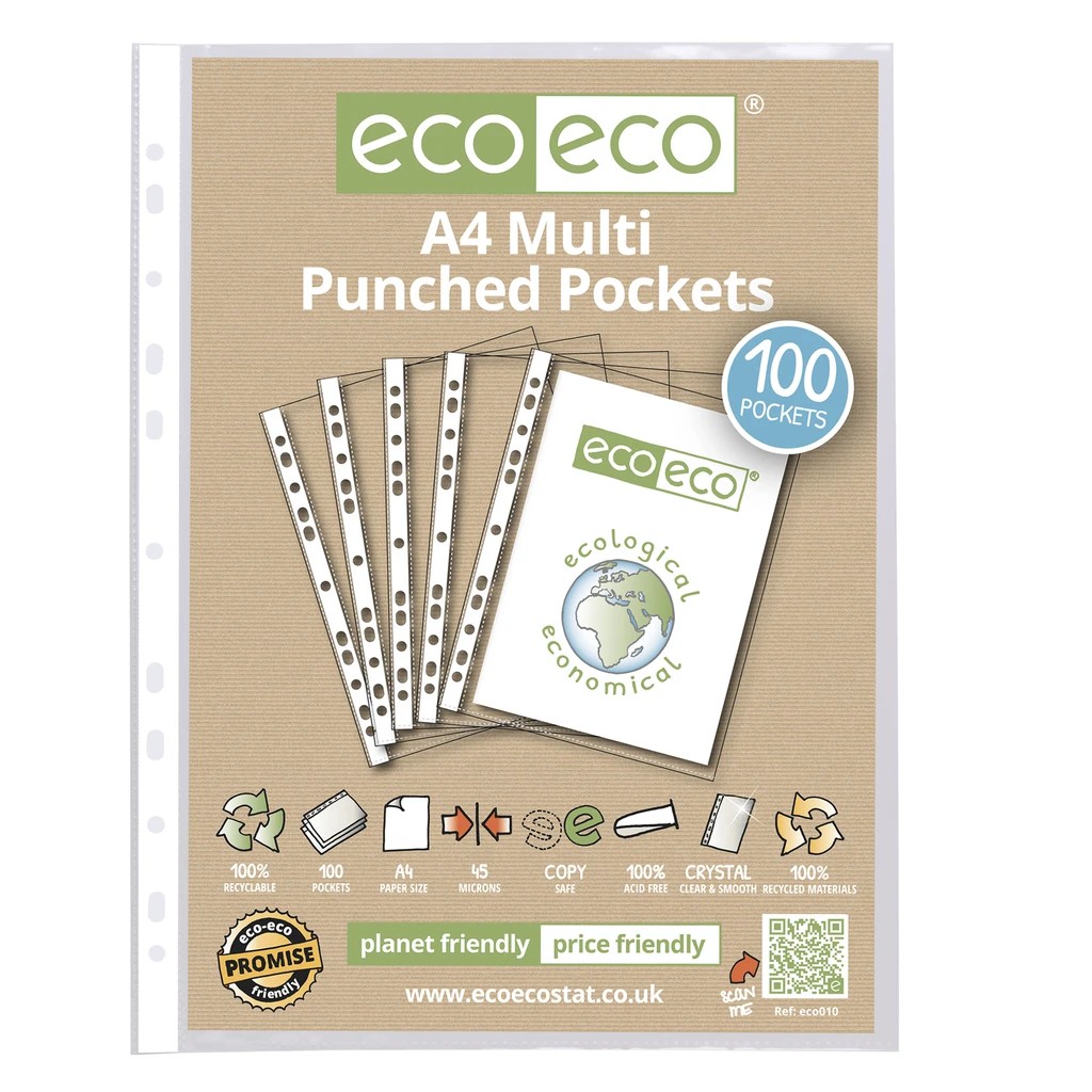 EcoEco+A4+100%25+45+Micron+Recycled+Punched+Pockets+Clear+Pack+of+100+eco010